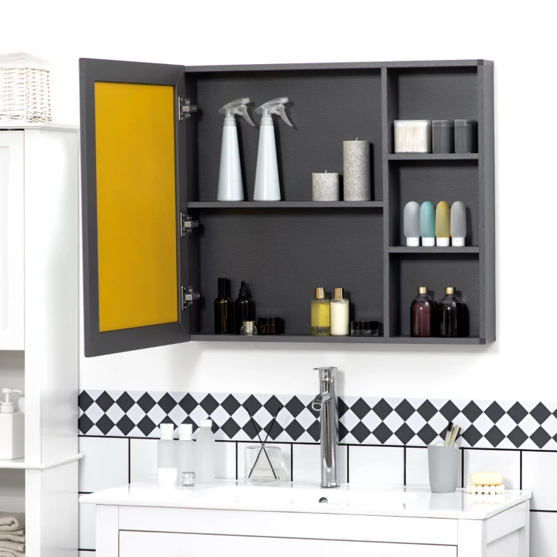 kleankin Bathroom Mirror Cabinet with Shelves, Wall Mounted Bathroom Cabinet with Aluminium Frame and Single Mirrored Door, 80cm x 12.5cm x 70cm, Grey