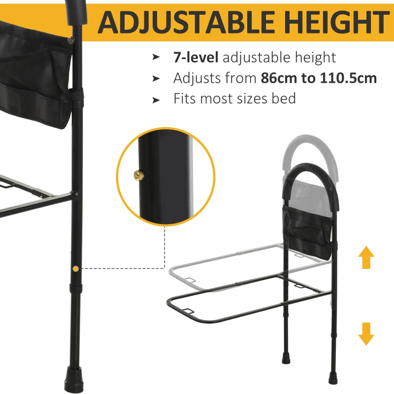 HOMCOM Steel Bed Assistance Rail 7-Height Adjustable w/ Storage Bag Foam Handle Safety Support Home