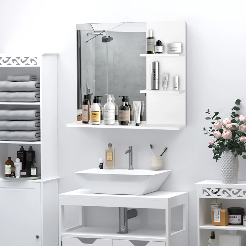 kleankin 60 x 10 x 48cm Bathroom Simple and Stylish Wall Mirrior with 3 Tiers Shelves, White