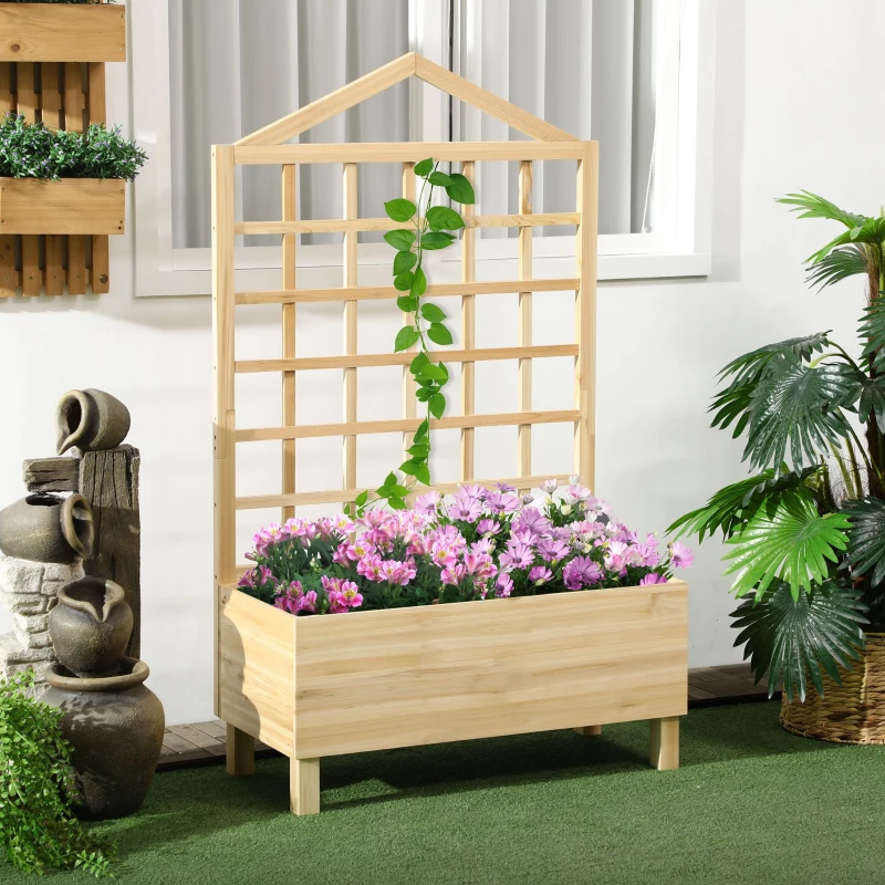 Outsunny Garden Planters with Trellis for Vine Climbing, Distressed Wooden Raised Beds, 90x43x150cm, Natural Tone