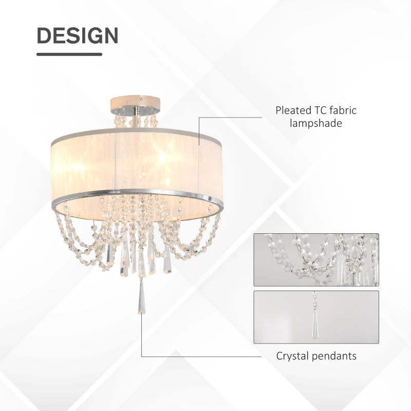 HOMCOM Elegant Metal Ceiling Light Chandelier with Pleated Fabric Lampshade, Decorative Crystal Pendants, for Living Room, Dining Room, Bedroom, White