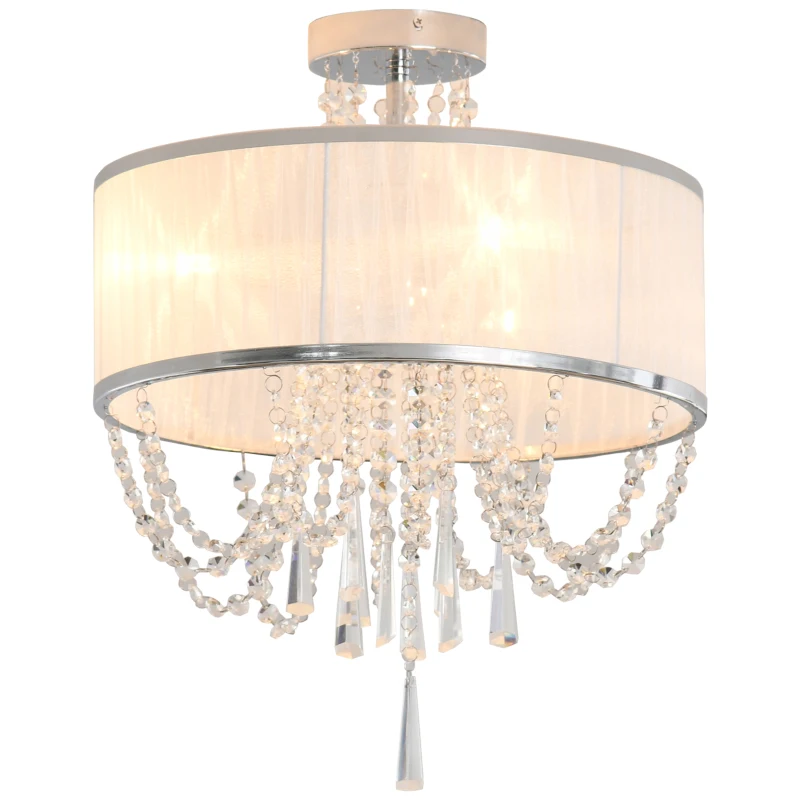 HOMCOM Elegant Metal Ceiling Light Chandelier with Pleated Fabric Lampshade, Decorative Crystal Pendants, for Living Room, Dining Room, Bedroom, White