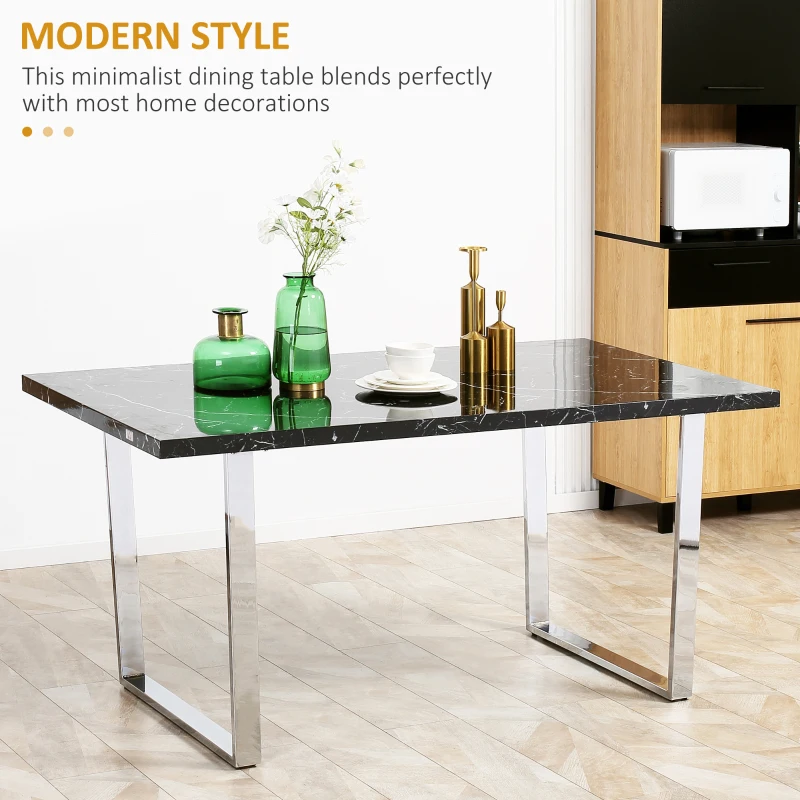 HOMCOM Modern Dining Room Table Rectangular Kitchen Table for 6-8 People with Marble Effect Tabletop Steel Legs 160 cm Black
