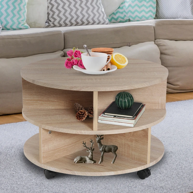 HOMCOM Round Coffee Table with Wheels, 3-Tier Rolling Side Table for Living Room with Divided Shelves, Natural