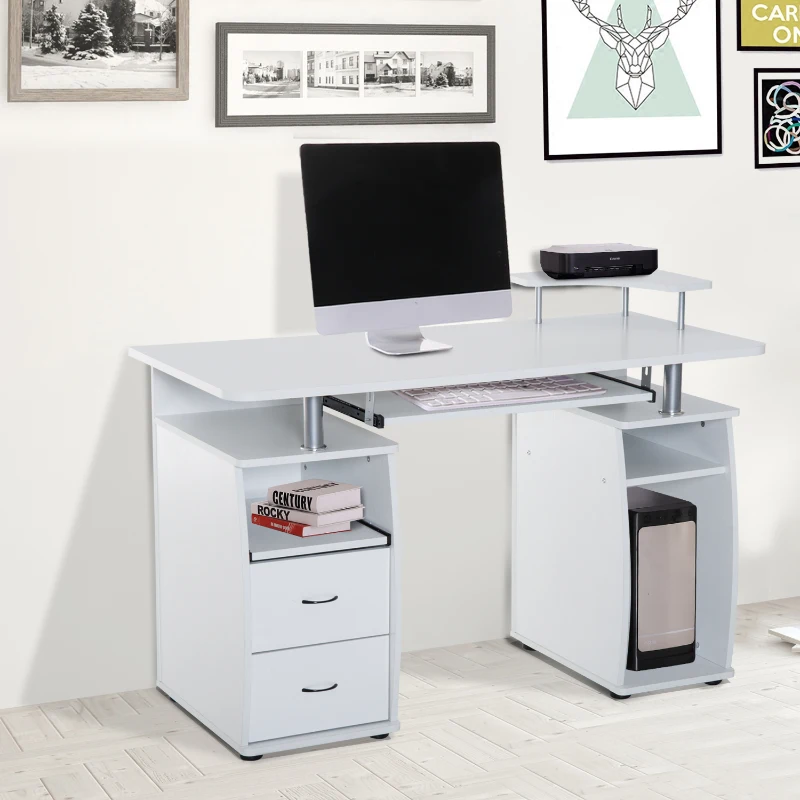 HOMCOM Wooden Office Computer PC Table Desk Desktop Home Furniture Workstation w/ Drawers Shelves Keyboard Shelf (White)