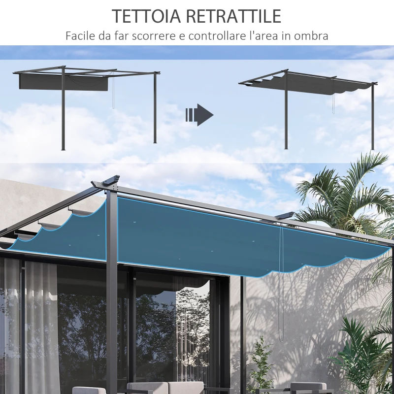 Outsunny Gazebo Pergola 4x3m in Acciaio e Poliestere con Tettuccio Scorrevole, Grigio