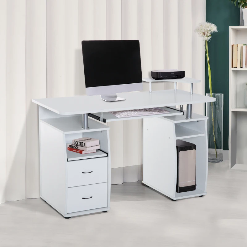 HOMCOM Wooden Office Computer PC Table Desk Desktop Home Furniture Workstation w/ Drawers Shelves Keyboard Shelf (White)