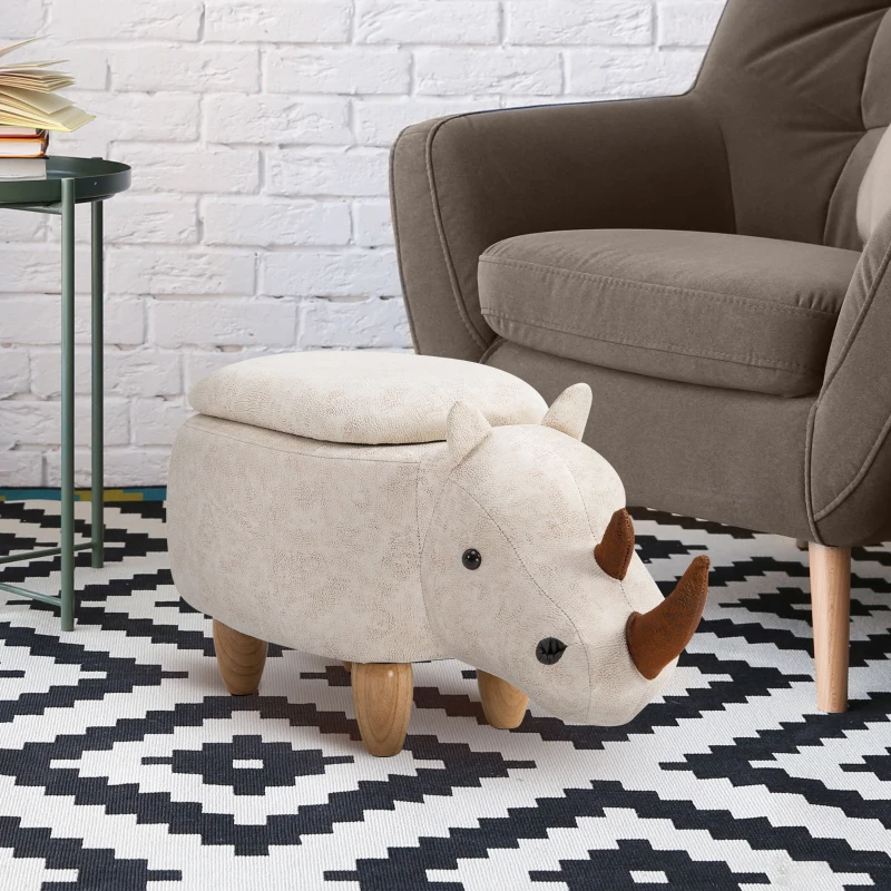 HOMCOM Rhino Storage Stool Cute Decoration Footrest Wood Frame Legs w/ Padding Lid Ottoman Animal Furniture Cream 36x70cm