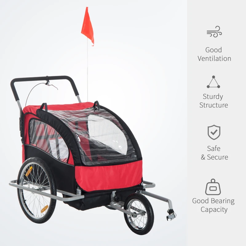 HOMCOM Collapsible Bike Trailer 2-Seater Child Stroller Baby Jogger with Pivot Wheel-Red