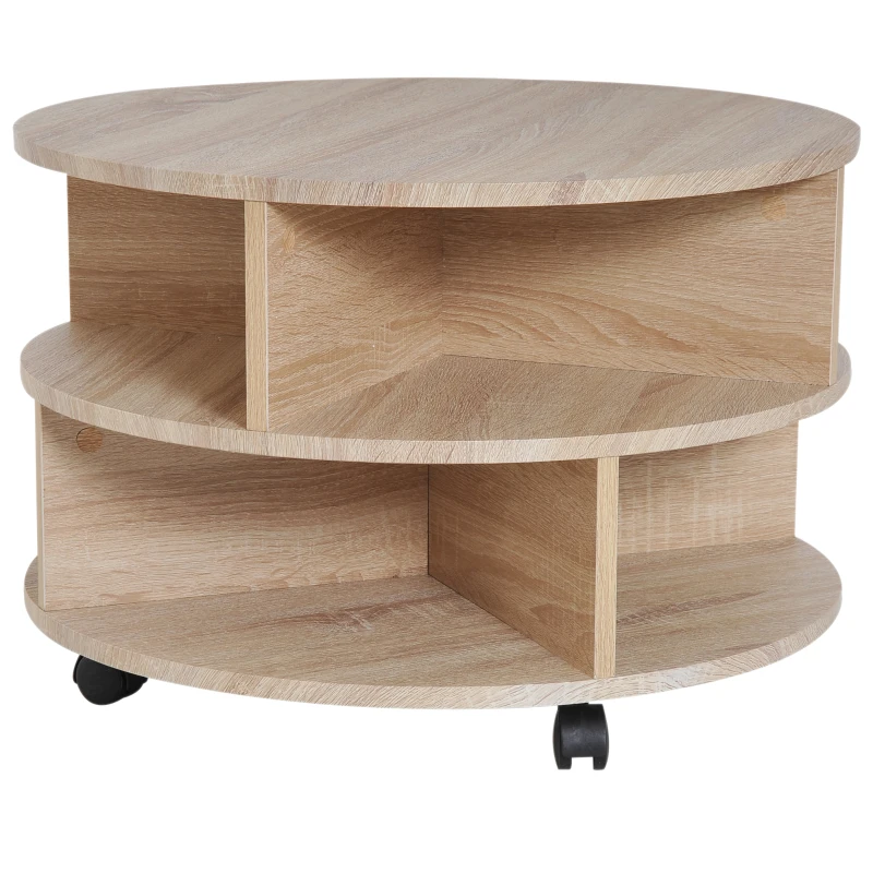 HOMCOM Round Coffee Table with Wheels, 3-Tier Rolling Side Table for Living Room with Divided Shelves, Natural