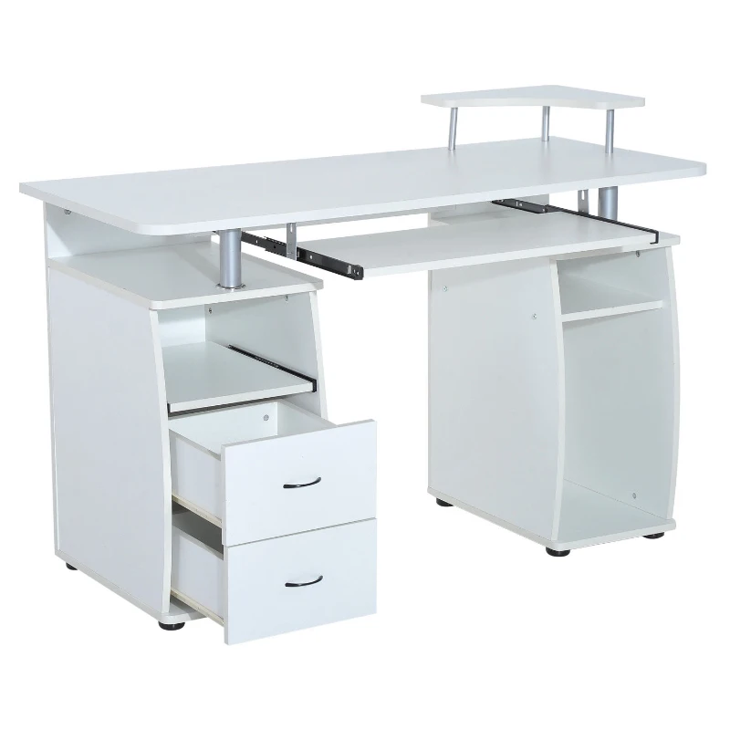 HOMCOM Wooden Office Computer PC Table Desk Desktop Home Furniture Workstation w/ Drawers Shelves Keyboard Shelf (White)
