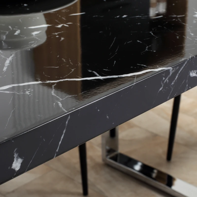 HOMCOM Modern Dining Room Table Rectangular Kitchen Table for 6-8 People with Marble Effect Tabletop Steel Legs 160 cm Black