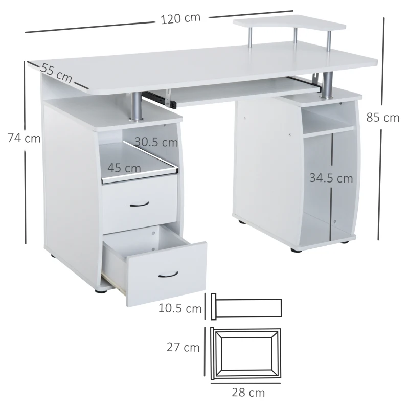 HOMCOM Wooden Office Computer PC Table Desk Desktop Home Furniture Workstation w/ Drawers Shelves Keyboard Shelf (White)