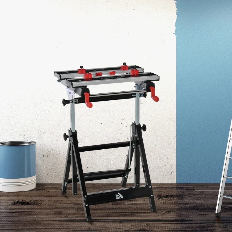 HOMCOM Foldable Work Bench Tool Stand with Adjustable Height and Clamps, Carpenter Saw Table, Heavy Duty Steel Frame, 100kg Capacity