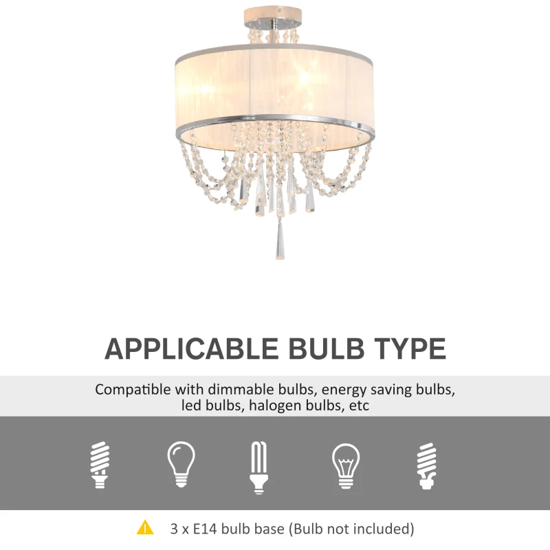 HOMCOM Elegant Metal Ceiling Light Chandelier with Pleated Fabric Lampshade, Decorative Crystal Pendants, for Living Room, Dining Room, Bedroom, White