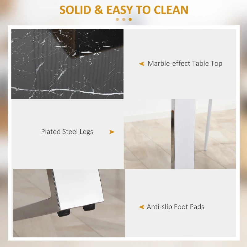 HOMCOM Modern Dining Room Table Rectangular Kitchen Table for 6-8 People with Marble Effect Tabletop Steel Legs 160 cm Black