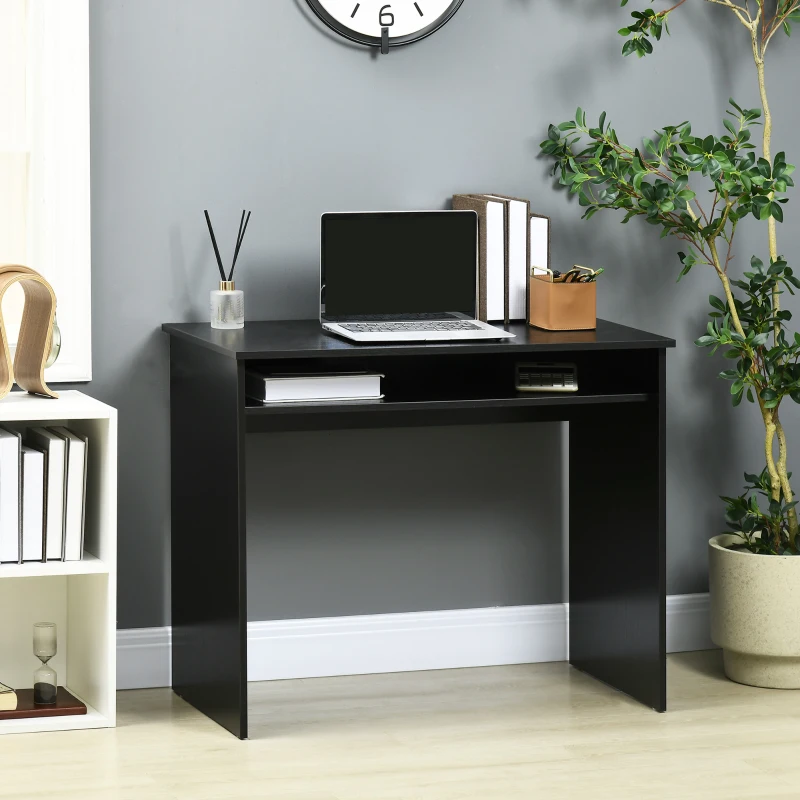 HOMCOM Modern Computer Desk, Home Office Table, Small Writing Desk with Storage Shelf, 90 x 50cm, Black Wood Grain