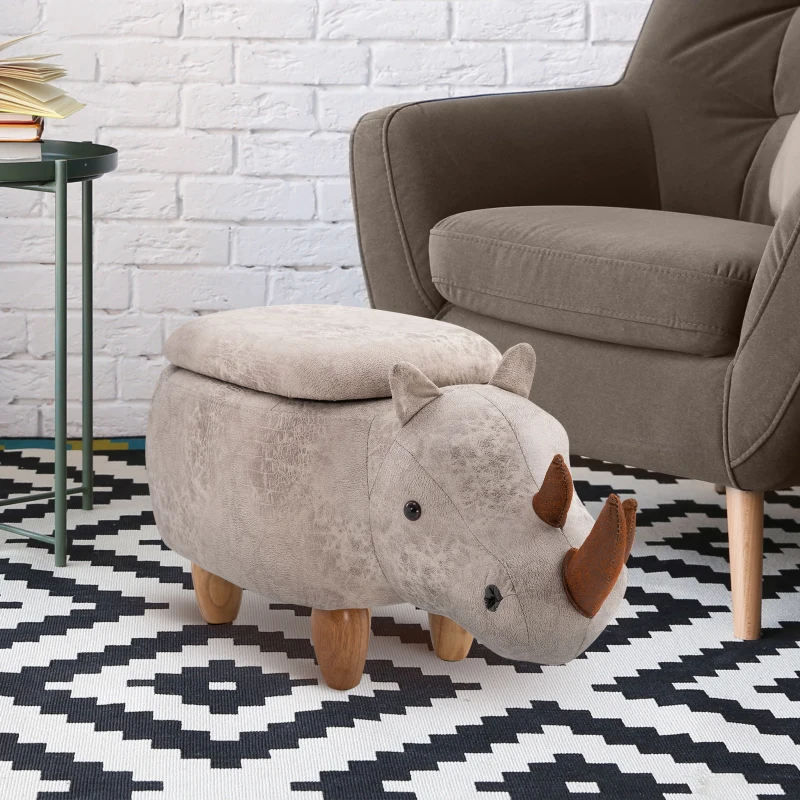 HOMCOM Rhino Storage Stool Cute Decoration Footrest Wood Frame Legs w/ Padding Lid Ottoman Animal Furniture Grey 36x70cm