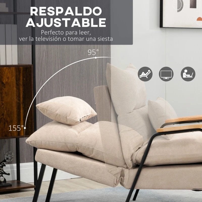 HOMCOM Sillón de Relax con Reposapiés Sillón Reclinable con Respaldo Ajustable Tapizado en Pana 68x91,5x88 cm Beige
