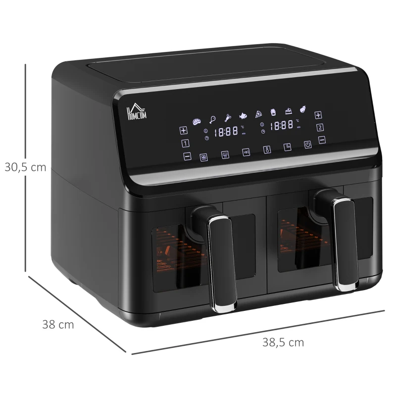 HOMCOM Fritadeira sem Óleo Dupla 8L 2500W com 8 Programas Ecrã LED Tátil Temperatura Ajustável 80-200°C Temporizador e Cesta Antiaderente 38,5x38x30,5 cm Preto