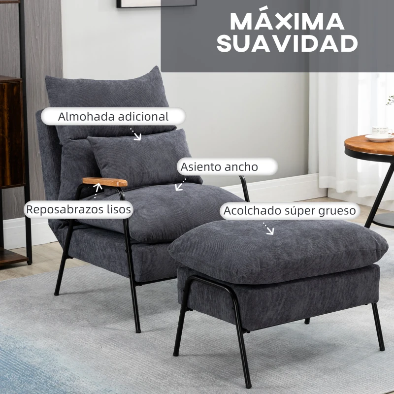 HOMCOM Sillón de Relax con Reposapiés Sillón Reclinable con Respaldo Ajustable Tapizado en Pana 68x91,5x88 cm Gris
