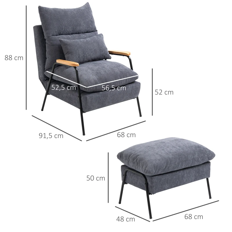 HOMCOM Sillón de Relax con Reposapiés Sillón Reclinable con Respaldo Ajustable Tapizado en Pana 68x91,5x88 cm Gris