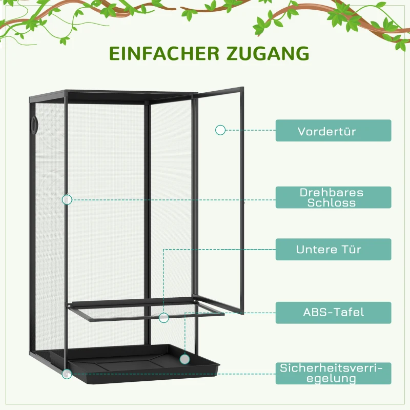 PawHut Terrarium aus Aluminium für Reptilien Amphibien Spinnentiere Reptilienzuchtbox Mesh-Terrarium Schwarz 60 x 60 x 120 cm