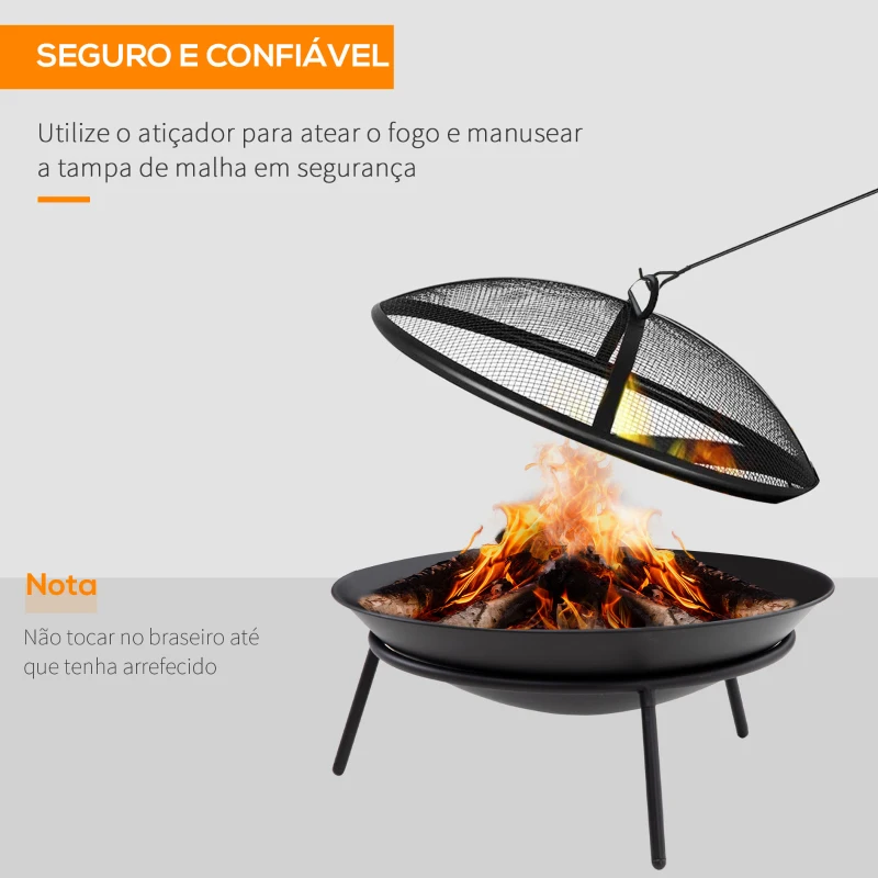 Outsunny Braseiro de Exterior de Metal com Tampa Protetora de Faíscas e Atiçador para Varanda Campismo Ar Livre Ø47x33 cm Preto