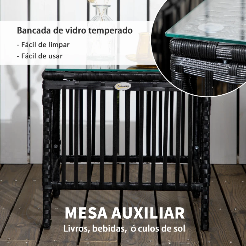 Outsunny Conjunto de 2 Espreguiçadeiras de Vime Sintético com Mesa de Centro Encosto Reclinável em 5 Posições 196x54x32cm Preto