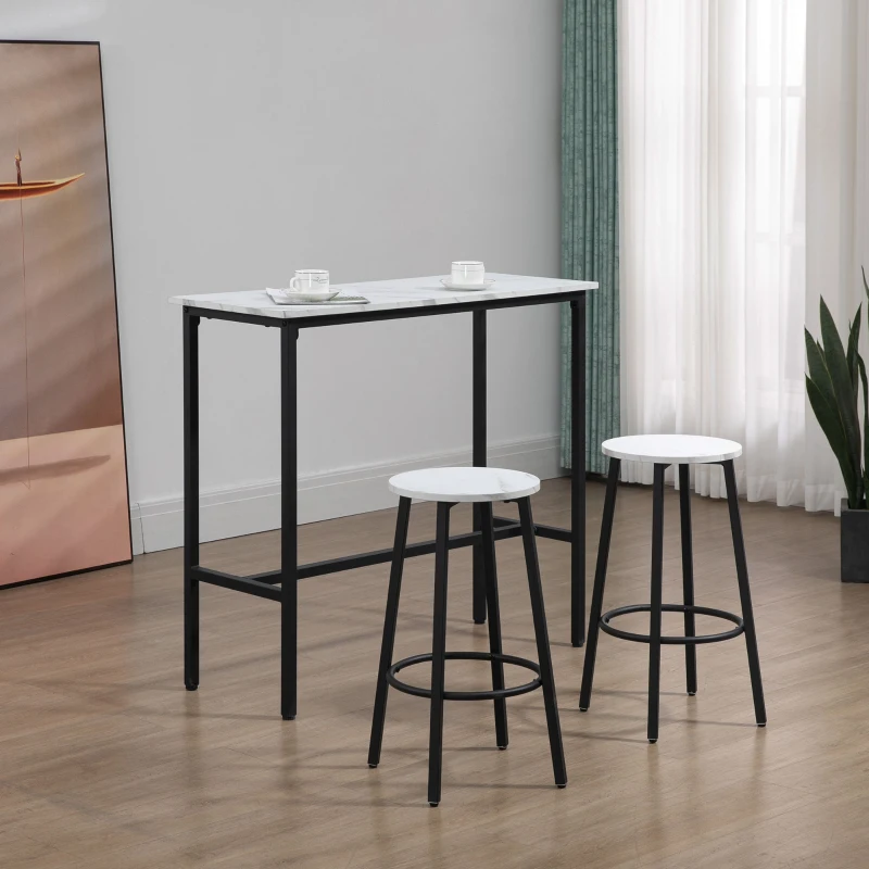 HOMCOM Set Masă și 2 Scaune de Bar din PAL, MDF și Oțel, 100x40x90 cm, Alb și Negru