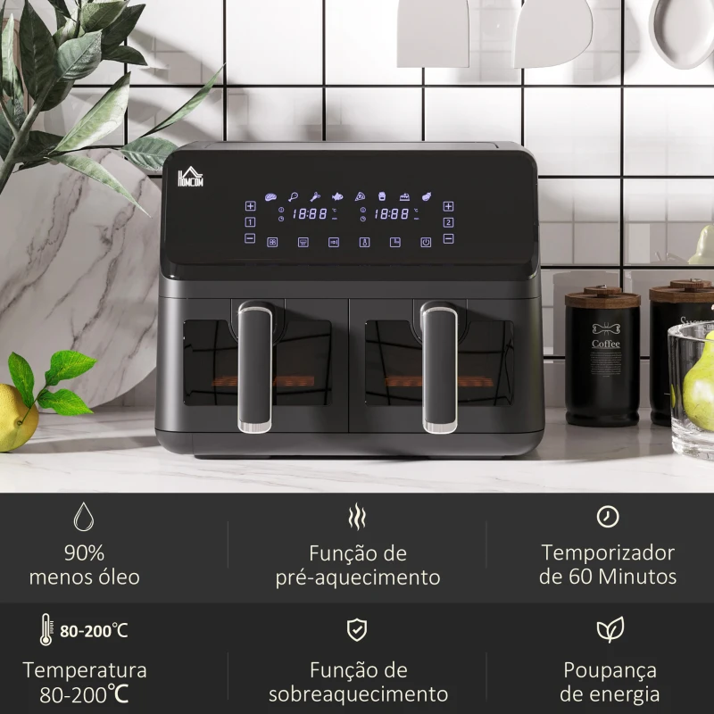 HOMCOM Fritadeira sem Óleo Dupla 8L 2500W com 8 Programas Ecrã LED Tátil Temperatura Ajustável 80-200°C Temporizador e Cesta Antiaderente 38,5x38x30,5 cm Preto