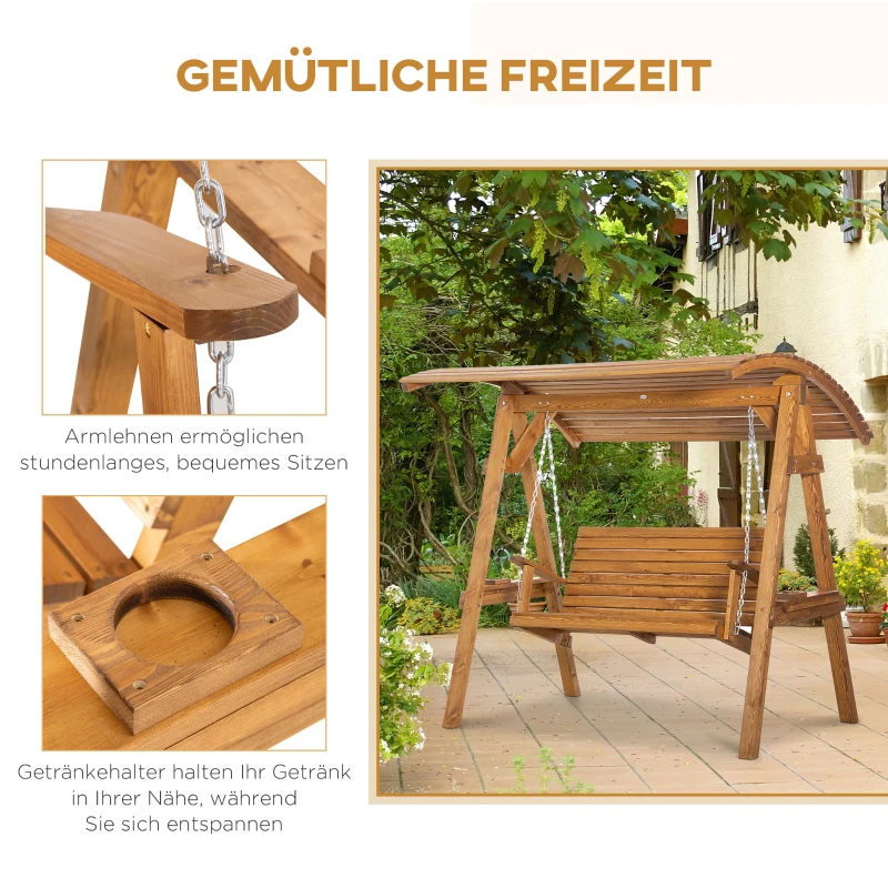 Elegancka Huśtawka Ogrodowa na 2 Osoby z Drewna Sosnowego Outsunny z Regulowanym Dachem