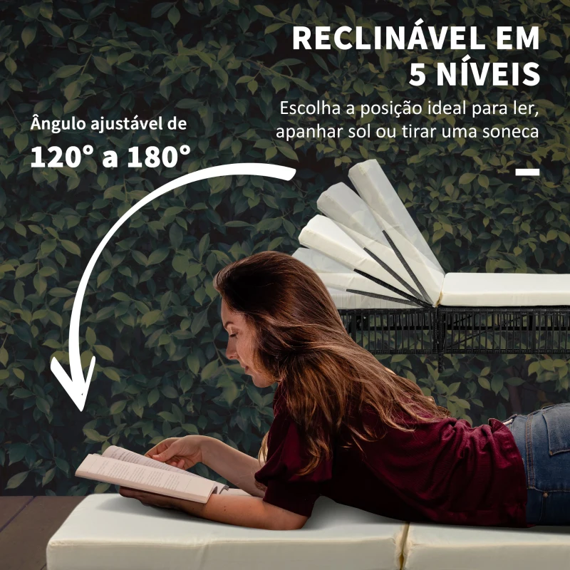 Outsunny Conjunto de 2 Espreguiçadeiras de Vime Sintético com Mesa de Centro Encosto Reclinável em 5 Posições 196x54x32cm Preto