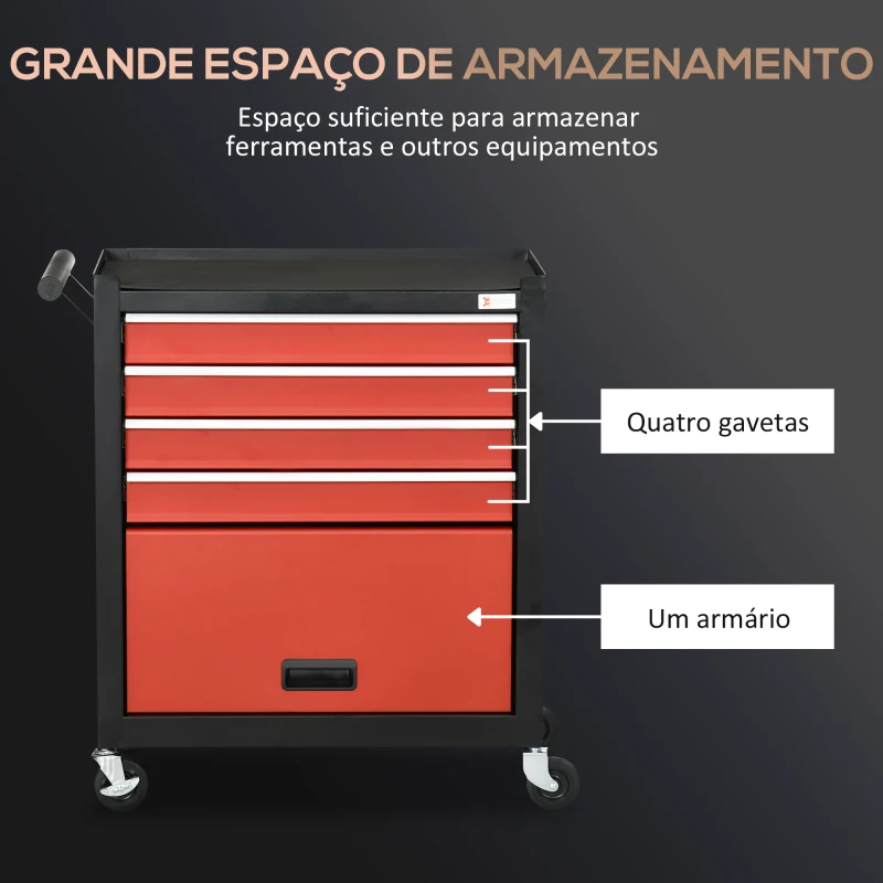 DURHAND Carro de Ferramentas Móvel com Rodas 4 Gavetas Compartimento de Armazenamento e Alça Lateral 69x33x75cm Preto e Vermelho