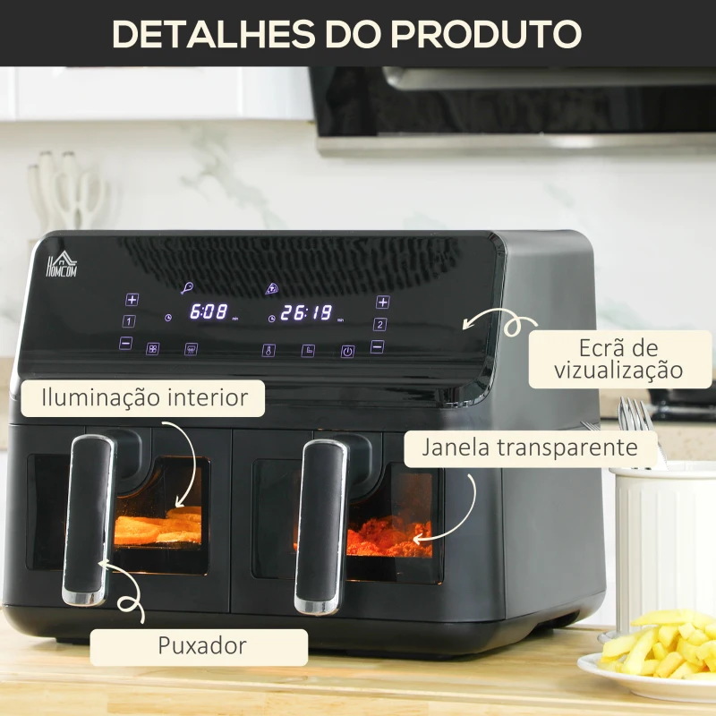 HOMCOM Fritadeira sem Óleo Dupla 8L 2500W com 8 Programas Ecrã LED Tátil Temperatura Ajustável 80-200°C Temporizador e Cesta Antiaderente 38,5x38x30,5 cm Preto