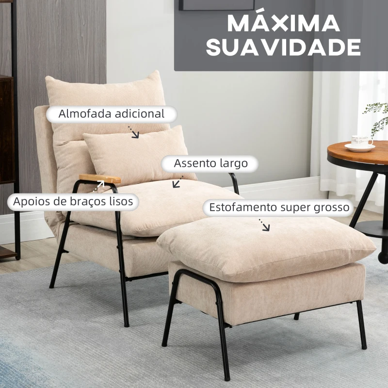 HOMCOM Poltrona Relax com Apoio para os Pés Poltrona Reclinável com Encosto Ajustável Estofada em Veludo 68x91,5x88cm Bege