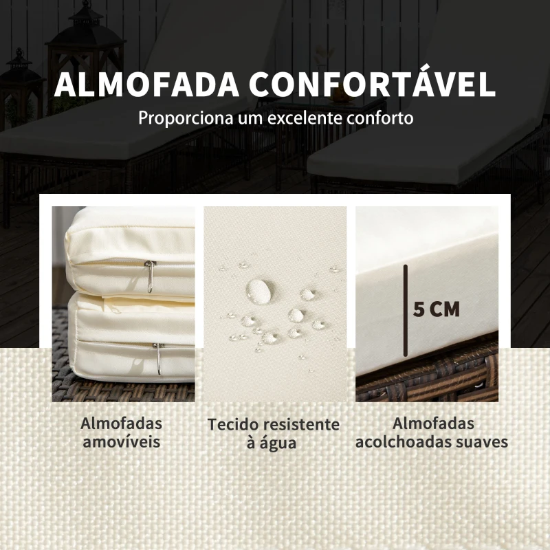Outsunny Conjunto de 2 Espreguiçadeiras de Vime Sintético com Mesa de Centro Encosto Reclinável em 5 Posições 196x54x32cm Preto