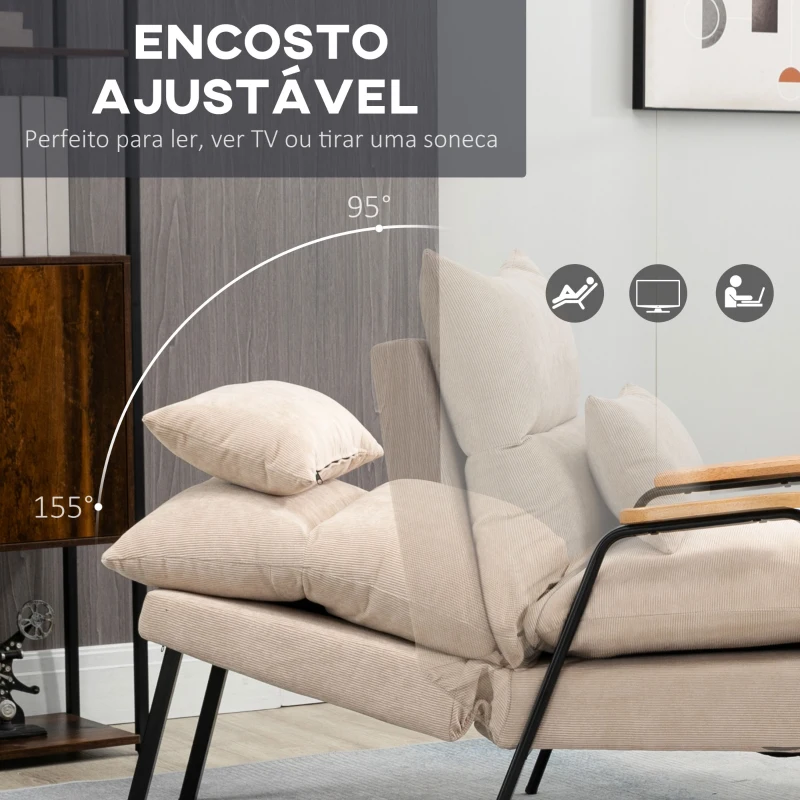 HOMCOM Poltrona Relax com Apoio para os Pés Poltrona Reclinável com Encosto Ajustável Estofada em Veludo 68x91,5x88cm Bege