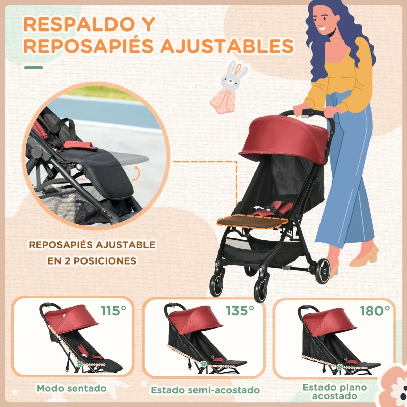 HOMCOM Silla de Paseo Ligera Plegable Cochecito para Bebé 0-36 Meses con Capota y Respaldo Reclinable 82x51x102 cm Rojo