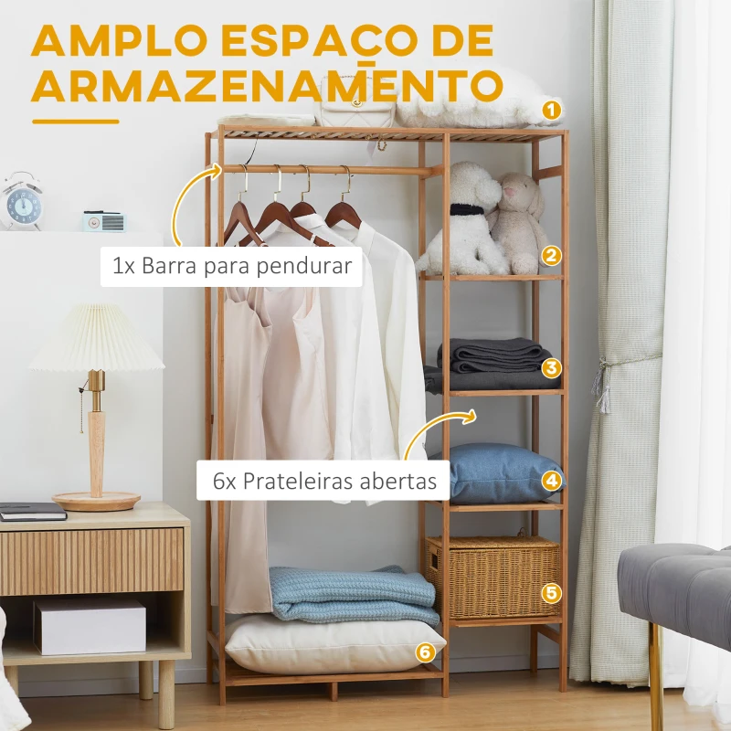 HOMCOM Suporte para Cabides de Bambu com Prateleira de Armazenamento de 6 Níveis e Vara Supensa 90x30x145 cm Madeira