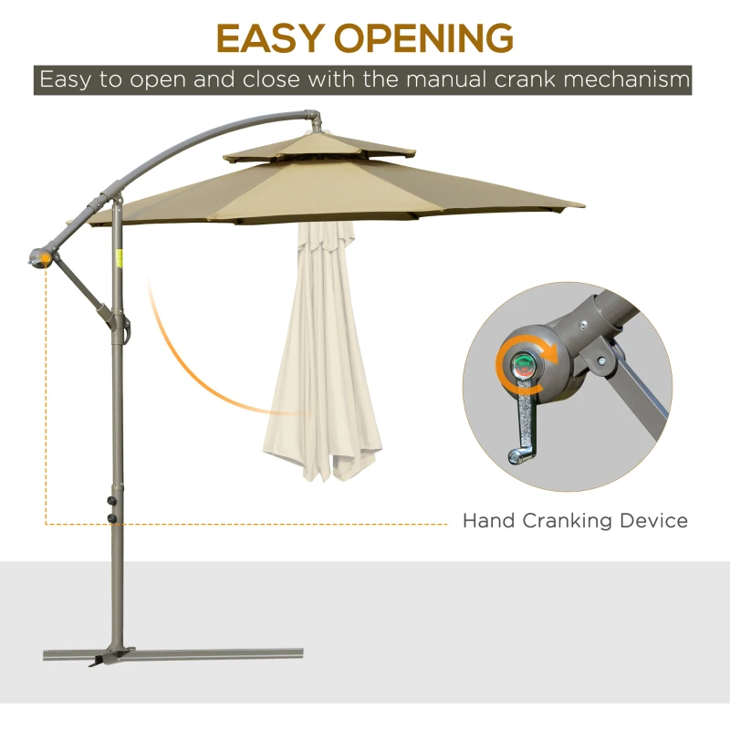 Outsunny Parasolar de gradina de 2.7m cu maner de reglare, parasolar cu nivel dublu si baza pentru exterior, umbrela de soare suspendata, Maro