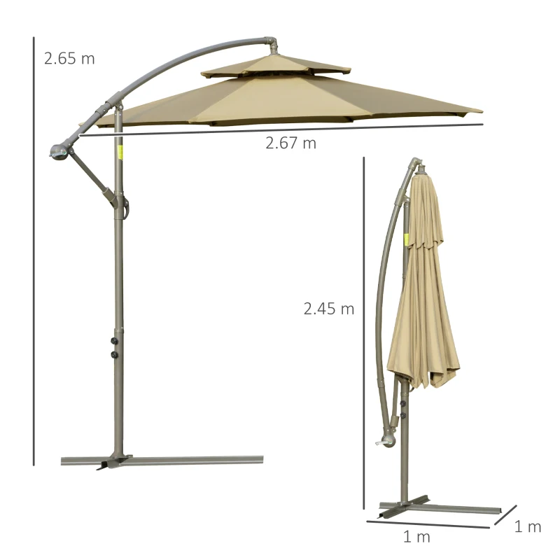 Outsunny Parasolar de gradina de 2.7m cu maner de reglare, parasolar cu nivel dublu si baza pentru exterior, umbrela de soare suspendata, Maro
