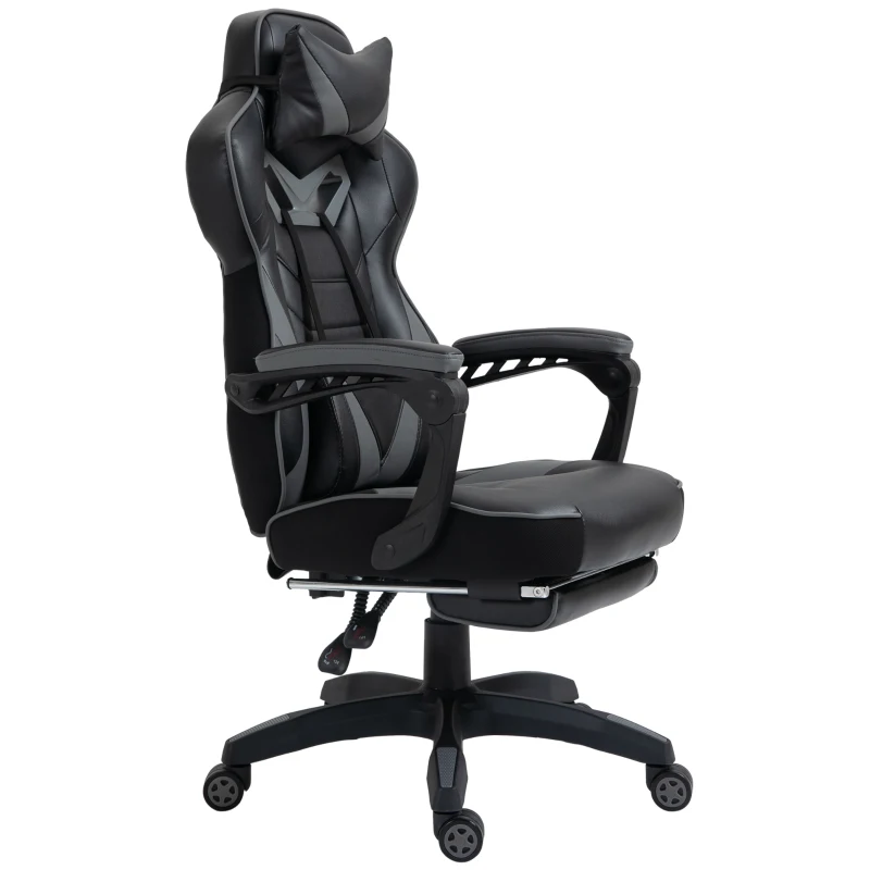 Vinsetto Computer Gaming Chair, Racing Desk Chair with Lumbar Support and Footrest, PU Leather Gamer Chair with Headrest and Swivel Wheels for Home, Grey