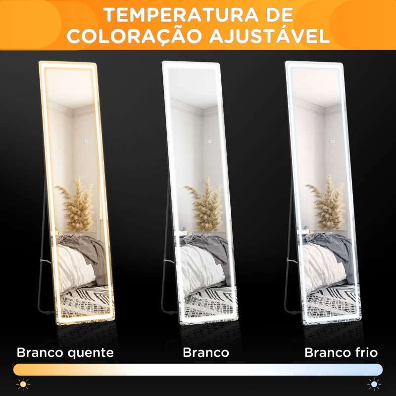 HOMCOM Espelho de Pé com Luzes LED Controlo Remoto 3 Cores de Luzes Ajustável Brilho Ajustável 40x51x156,5cm Prata e Preto