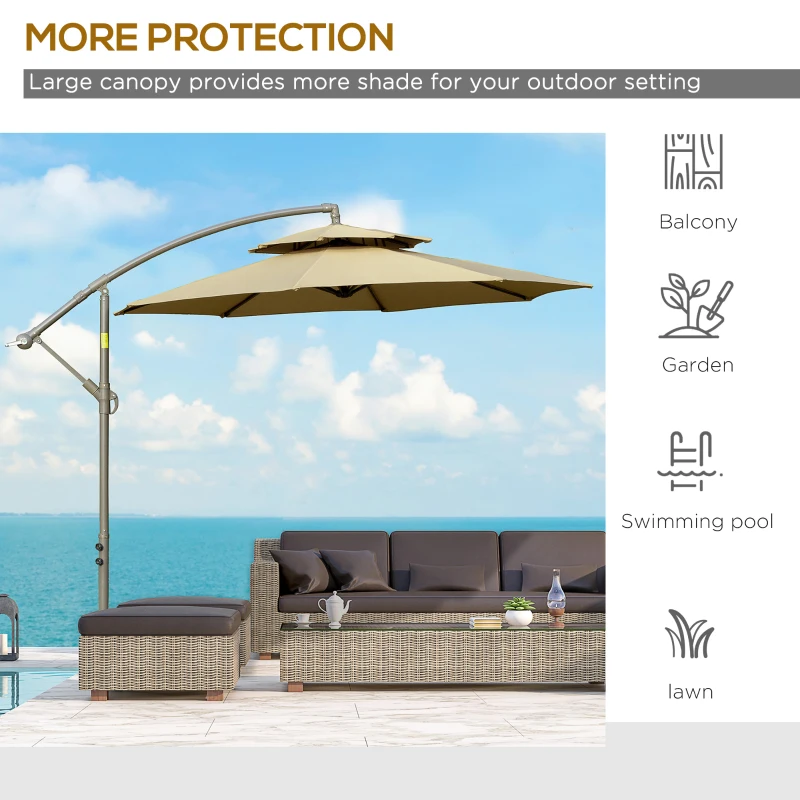 Outsunny Parasolar de gradina de 2.7m cu maner de reglare, parasolar cu nivel dublu si baza pentru exterior, umbrela de soare suspendata, Maro