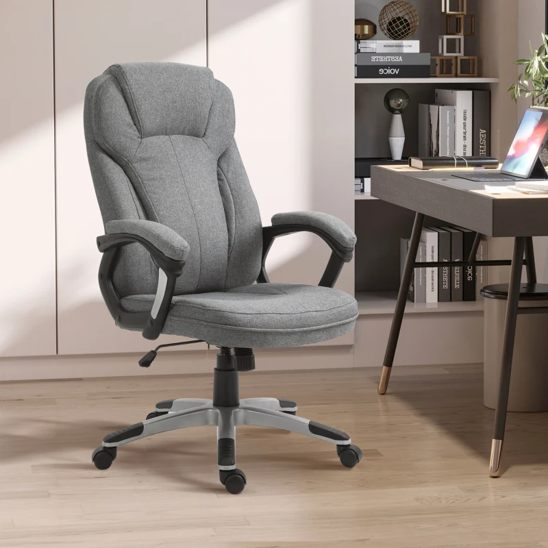 Vinsetto Office Chair, Linen Fabric Desk Chair, Height Adjustable Computer Chair with Padded Armrests, Swivel Wheels and Tilt Function, Grey