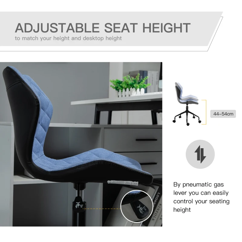 HOMCOM Office Computer Desk Chair, Swivel Task Chair no Arms, Fabric Study Chair with Adjustable Height and Rolling Wheels for Home Work, Blue