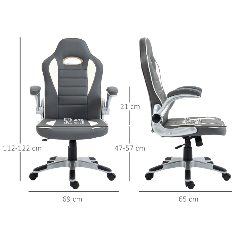 Vinsetto Computer Gaming Chair, Office Desk Swivel Chair, PU Leather Racing Chair with 90° Flip-up Armrest, Adjustable Height and Rolling Wheels, Grey