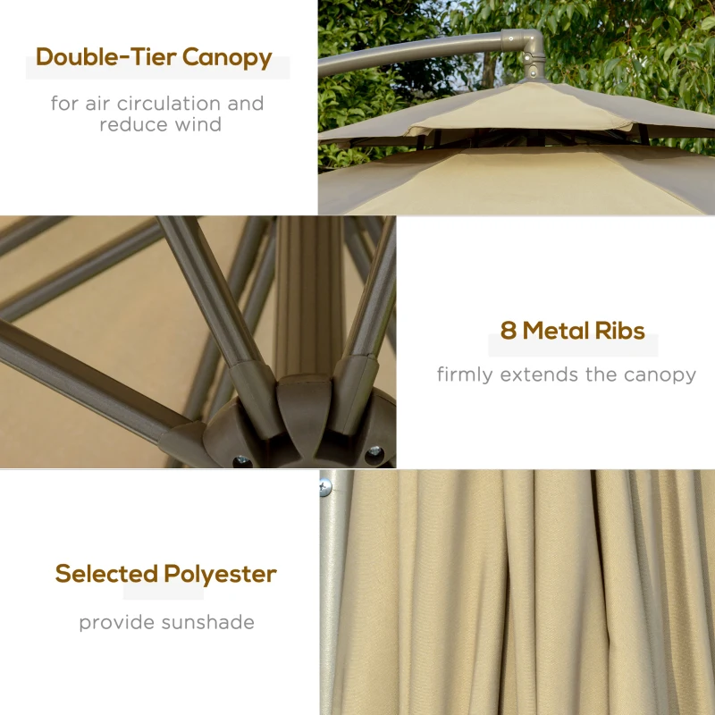 Outsunny Parasolar de gradina de 2.7m cu maner de reglare, parasolar cu nivel dublu si baza pentru exterior, umbrela de soare suspendata, Maro