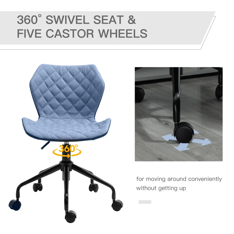 HOMCOM Office Computer Desk Chair, Swivel Task Chair no Arms, Fabric Study Chair with Adjustable Height and Rolling Wheels for Home Work, Blue